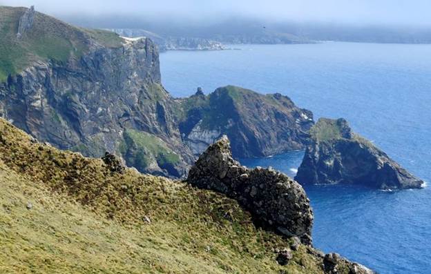 在坎貝爾島徒步的終點看到的西北海灣，礁石嶙峋，的確很「紐西蘭」。